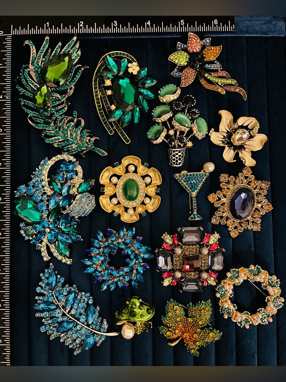 15 Pieces Costume Jewelry Brooch Collection Blue Green Rhinestone Statement Pins
